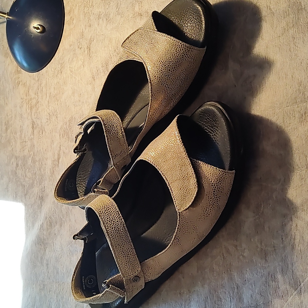 Wolky women gold leather comfort sandals Size Euro 41 US 10 sling back wedge